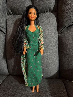 Barbie’s friend Miko in a Green Embroidered Maxi Dress with Printed Shawl 1980